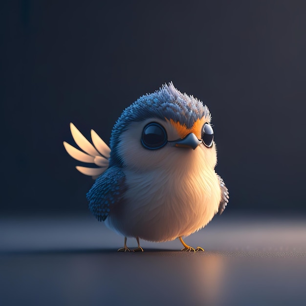 Een kleine vogel met blauwe ogen en een gele snavel met een blauw oog.