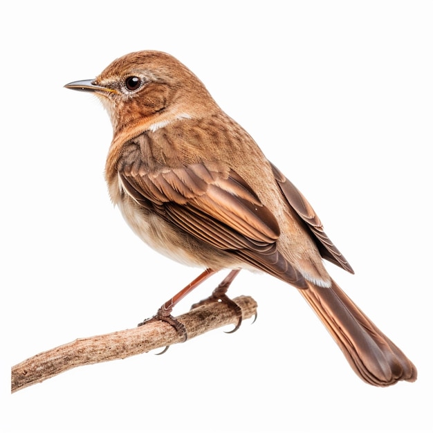 Een kleine vogel met een bruine staart en bruine veren zit op een tak.