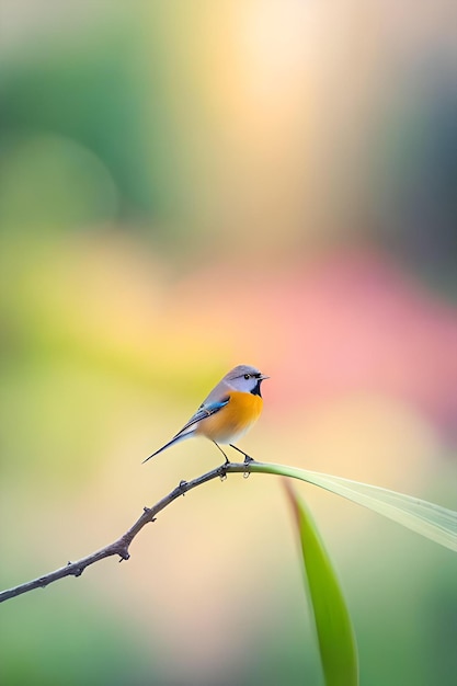 Een kleine vogel met een gele borst en blauwe vleugels zit op een tak.