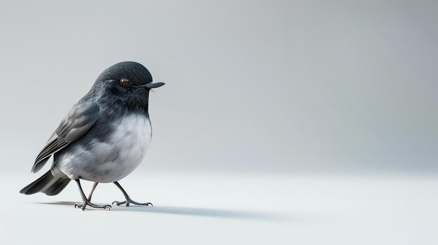 Een kleine vogel met zwarte en witte veren staat op een tak de vogel kijkt naar links van het frame de achtergrond is een zachte grijze kleur