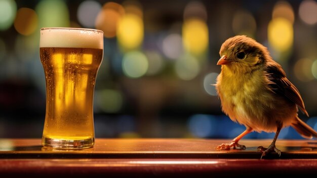 Foto een kleine vogel staat op een bar naast een vol glas bier.