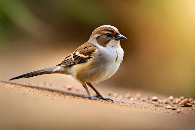 Een kleine vogel zit op een richel met het woord mus erop.