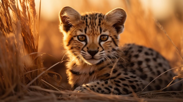 een kleine wilde kat die in het gras ligt