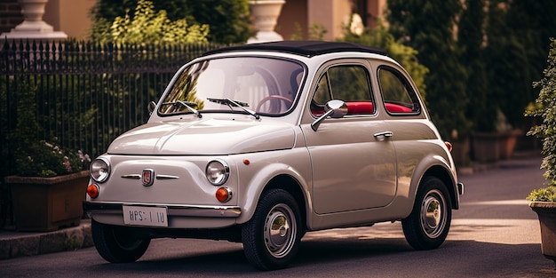 Foto een kleine witte auto met een kenteken waarop 