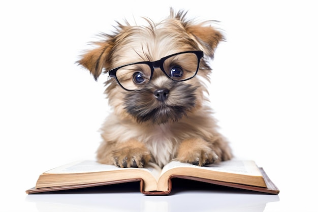 een kleine witte hond met een bril ligt op een boek