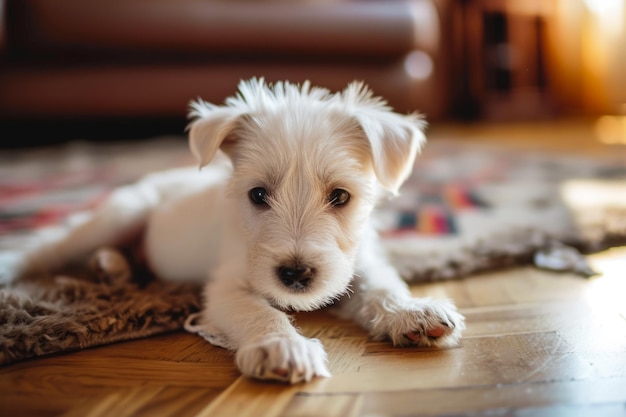 Een kleine witte hond rust rustig op een houten vloer.