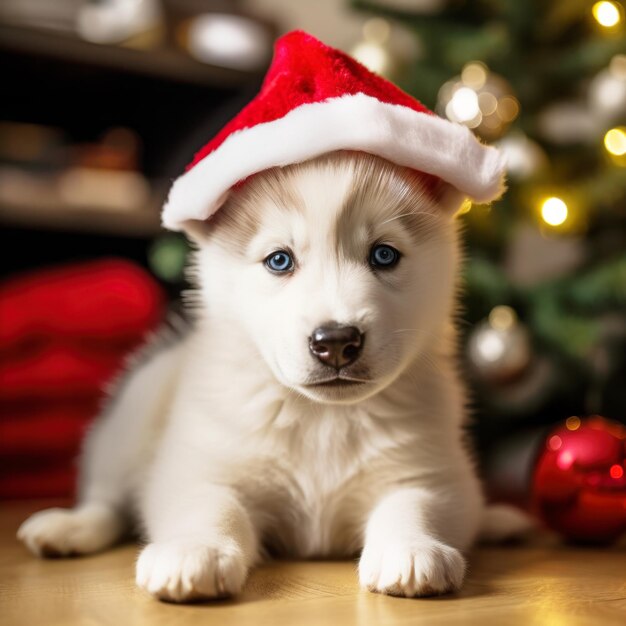 Een kleine witte husky hond met een rode kerstmuts zit voor een kerstboom Generative AI
