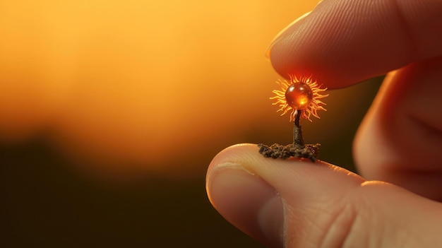 Een kleine zonnebloem zit op het puntje van de vinger macro shot miniature core natuurlijke verschijnselen