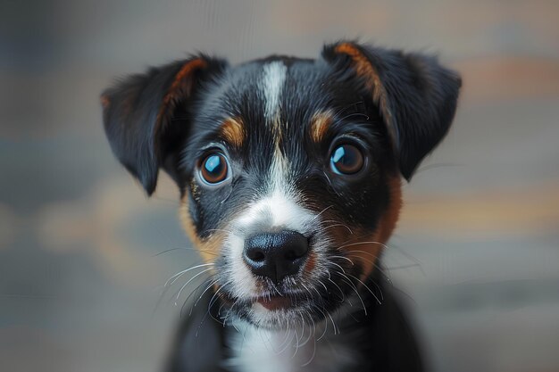 Een kleine zwart-witte hond met blauwe ogen.