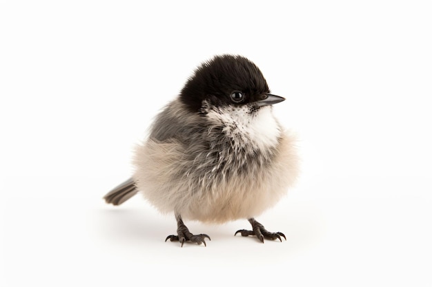 Een kleine zwart-witte vogel met een witte achtergrond