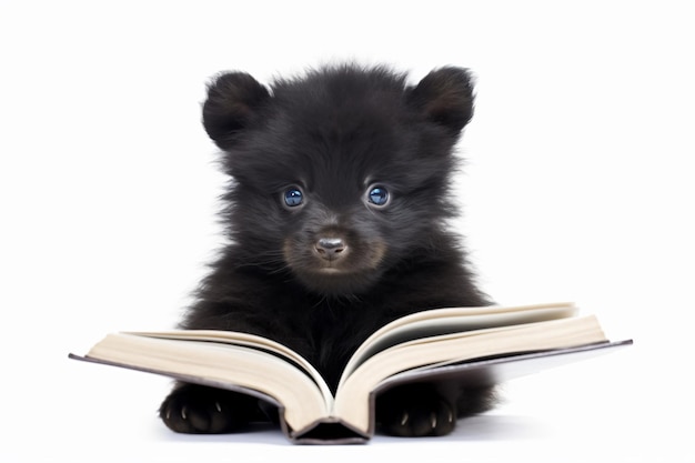 een kleine zwarte beer die een boek leest