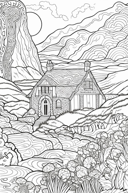 Een kleurpagina met een huis en bergen op de achtergrond generatieve ai