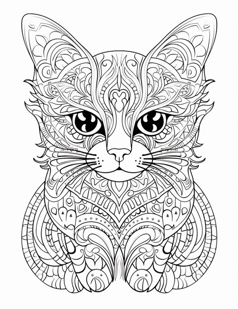 Foto een kleurpagina met een kat met ingewikkelde patronen generatieve ai