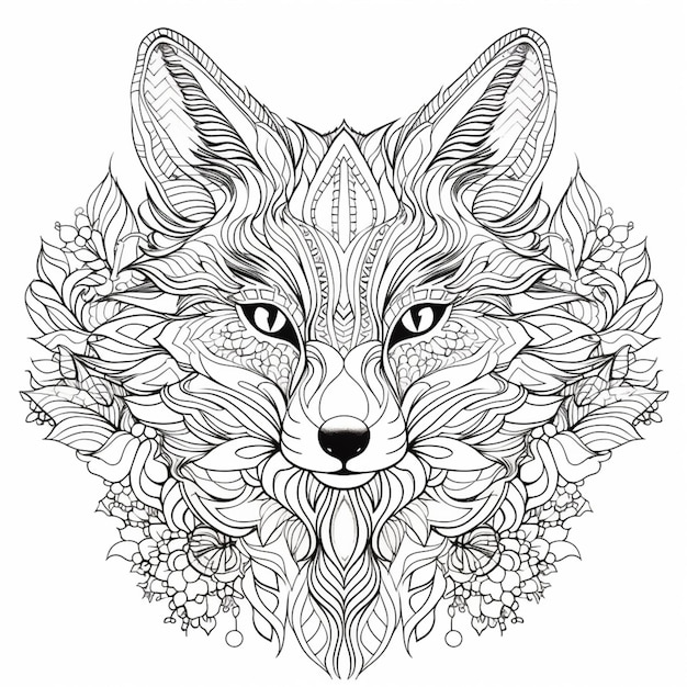 Een kleurpagina met een wolfshoofd en bladeren generatieve ai