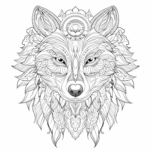 Een kleurpagina met een wolfshoofd en een patroon erop generatieve ai