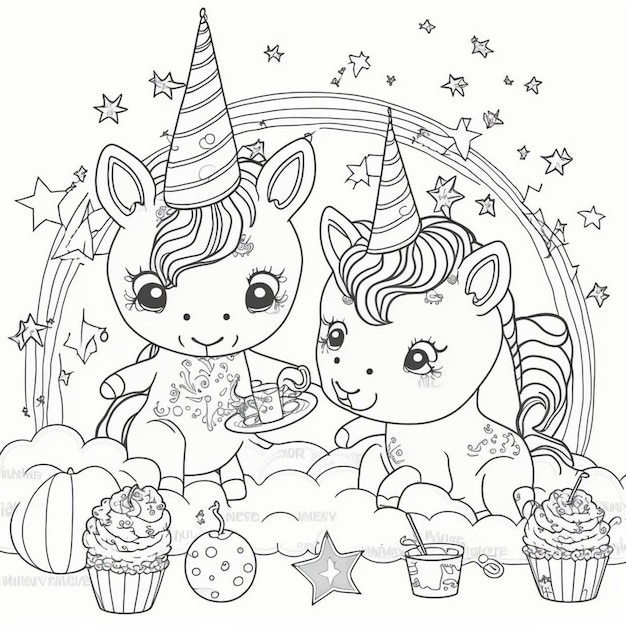 een kleurpagina met twee eenhoorns en cupcakes generatieve ai