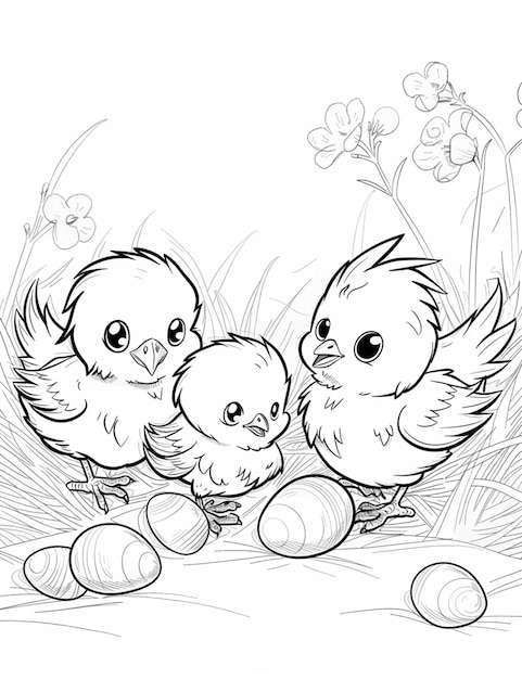 een kleurpagina van een baby vogel en twee kuikens in een nest generatieve ai