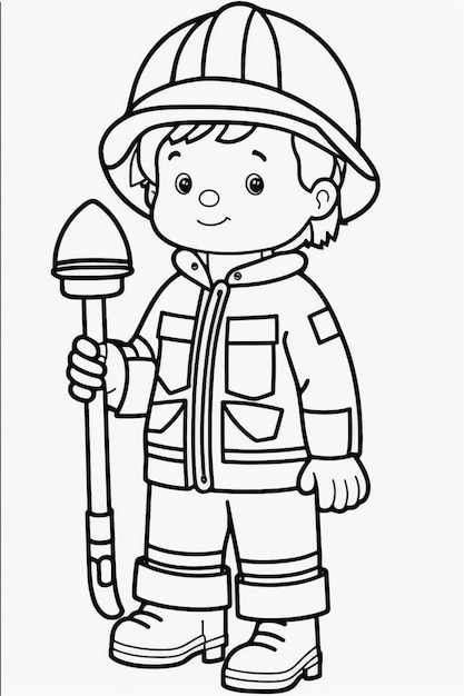 Een kleurpagina van een brandweerman met een fakkel en helm generatieve ai