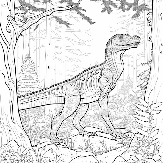 een kleurpagina van een dinosaurus in het bos met bomen generatieve ai