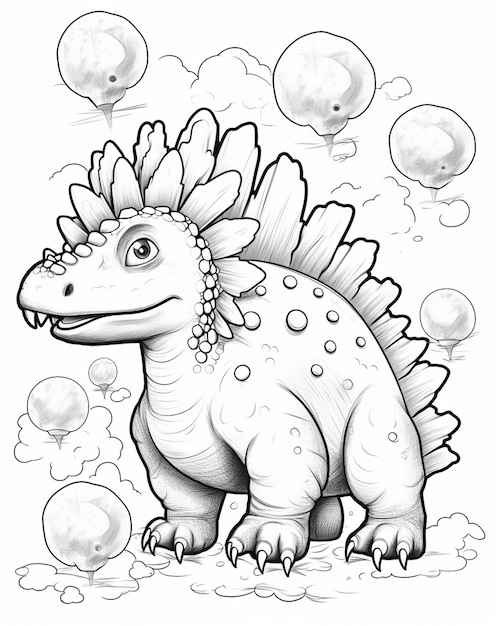 een kleurpagina van een dinosaurus met bubbels die eromheen drijven generatieve ai