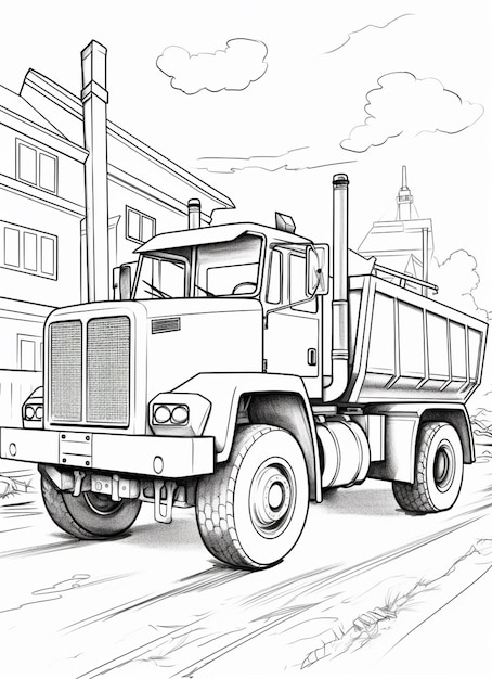 Foto een kleurpagina van een dump truck die een straat afrijdt generatieve ai