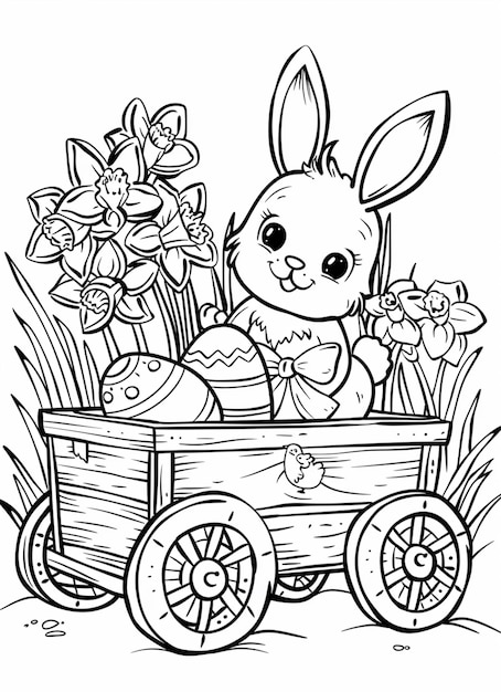 een kleurpagina van een konijn in een wagen met bloemen generatieve ai