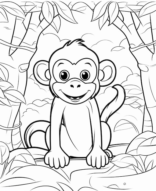 Een kleurplaat van een aap zittend in de jungle generatieve ai