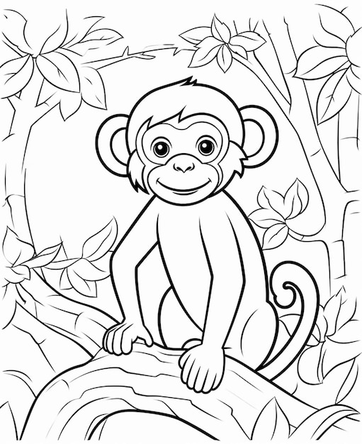 Een kleurplaat van een aap zittend op een boomtak generatieve ai