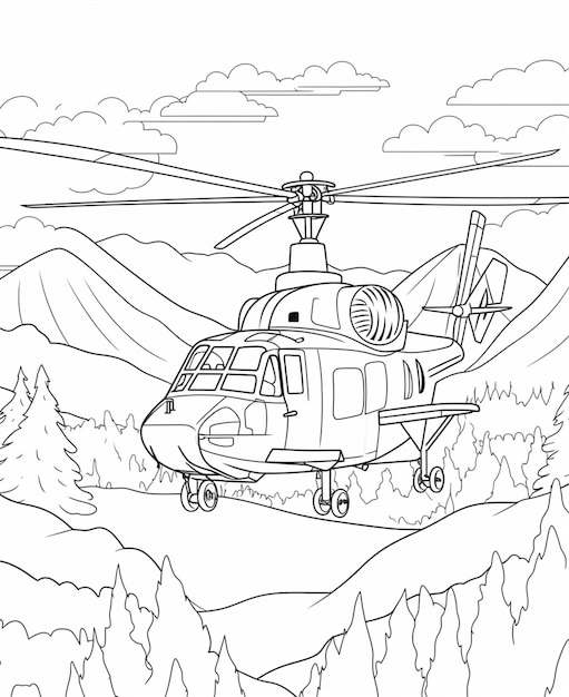 Foto een kleurplaat van een helikopter die generatieve ai over een bergketen vliegt
