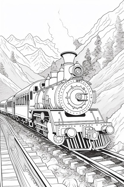 een kleurplaat van een trein die door een bergketen reist generatieve ai