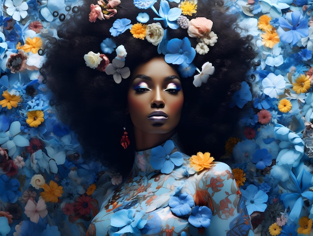 een kleurrijk abstract beeld van een vrouw met veel bloemen op haar hoofdfotografische montage