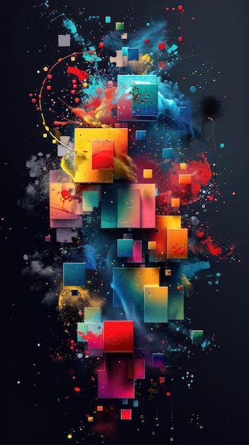 Een kleurrijk abstract ontwerp met vierkanten, rechthoeken en andere vormen
