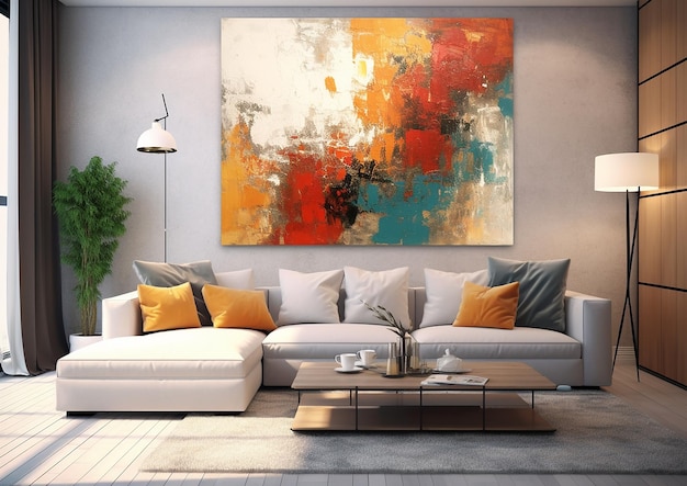 een kleurrijk abstract schilderij hangt aan de muur in een woonkamer.