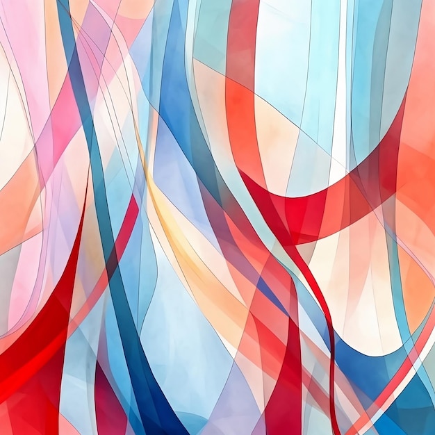 Een kleurrijk abstract schilderij met een rode en blauwe achtergrond.