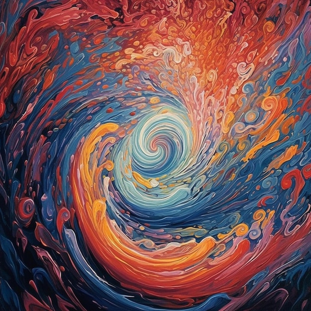 Een kleurrijk abstract schilderij met een werveling in het midden.