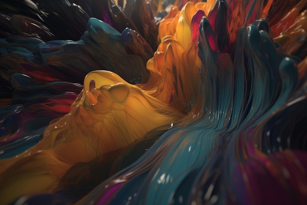 Een kleurrijk abstract schilderij met onderaan het woord 'vuur'