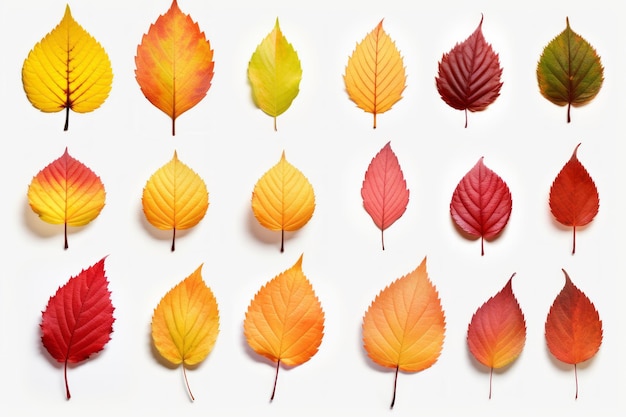 Een kleurrijk assortiment herfstkersenboombladeren geïsoleerd op wit