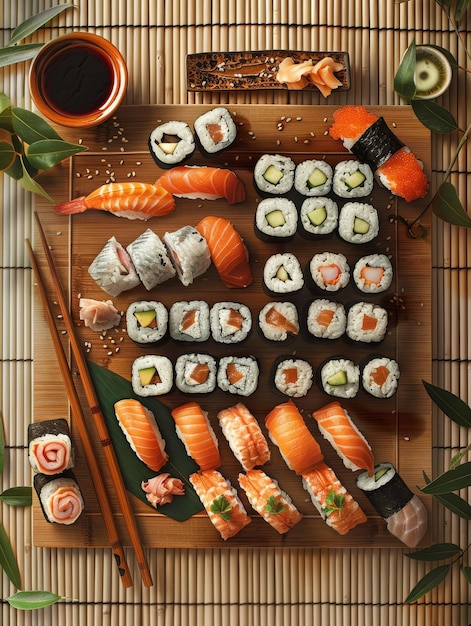 Een kleurrijk assortiment sushi op een rechthoekige houten snijplank met eetstokjes en een schotel sojasaus