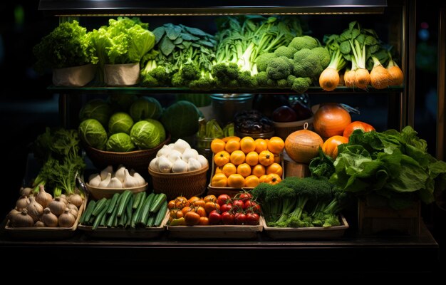 Een kleurrijk assortiment verse groenten in een glazen kast. Groenten op een tafel op een markt