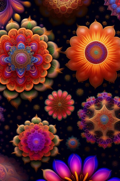 Een kleurrijk beeld van bloemen en de woorden "fractal" op de bodem.