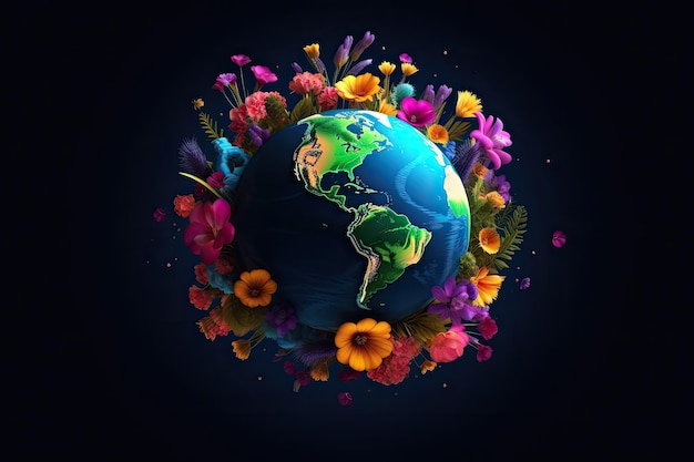 Een kleurrijk beeld van de aarde met bloemen eromheen voor de achtergrond van Wereldaardedag