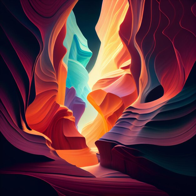 Een kleurrijk beeld van een canyon met in het midden een rotsformatie.