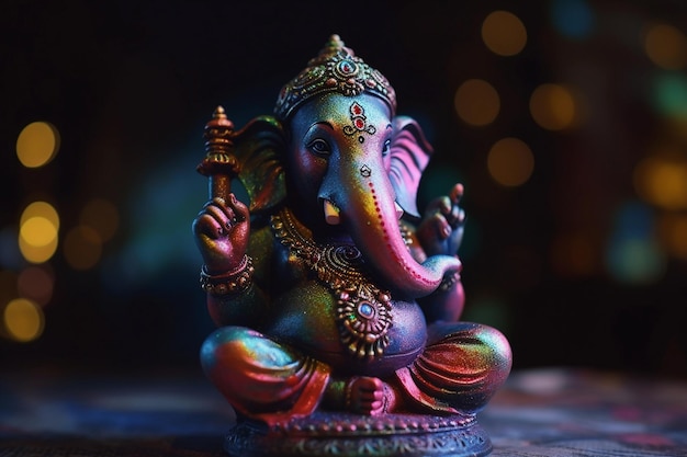 Een kleurrijk beeld van een ganesha zittend op een tafel.