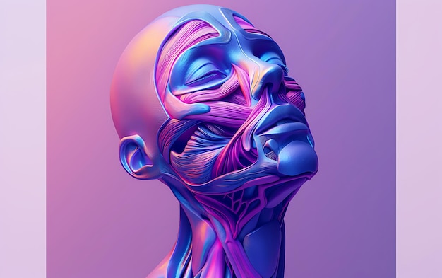 een kleurrijk beeld van een menselijk gezicht met een blauw en paars patroon