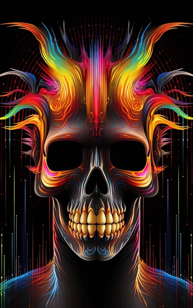 een kleurrijk beeld van een schedel met een regenboog gekleurde achtergrond