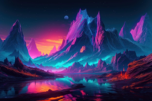 Een kleurrijk berglandschap met een blauwe maan op de achtergrond.