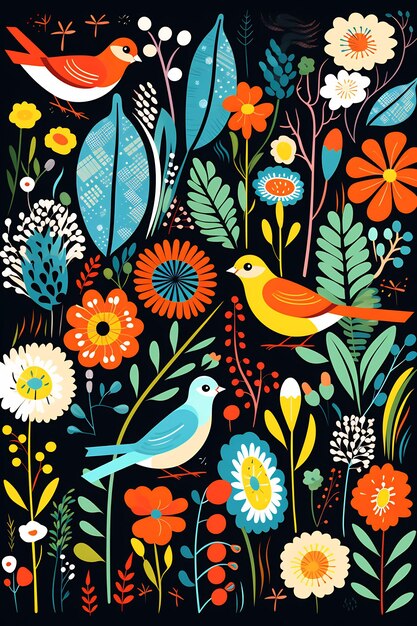 een kleurrijk bloemendessin met vogels en bloemen