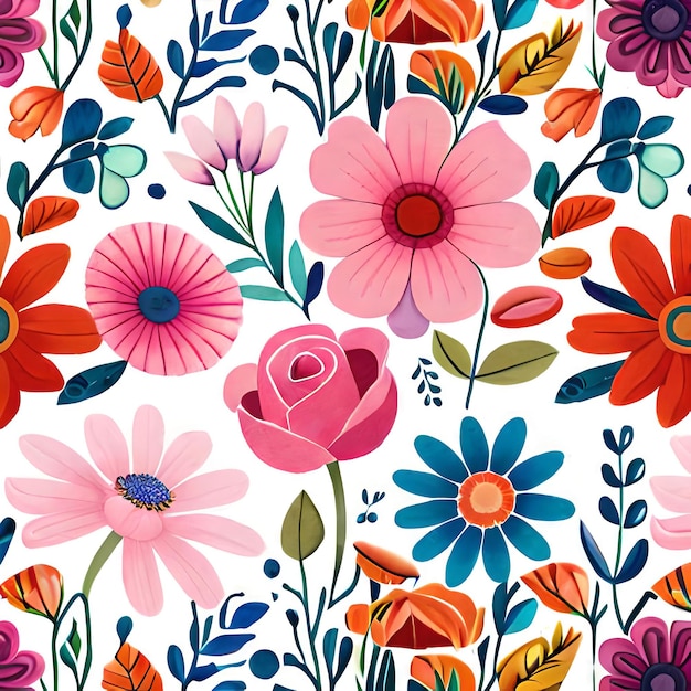 Een kleurrijk bloemenpatroon met bloemen en bladeren.