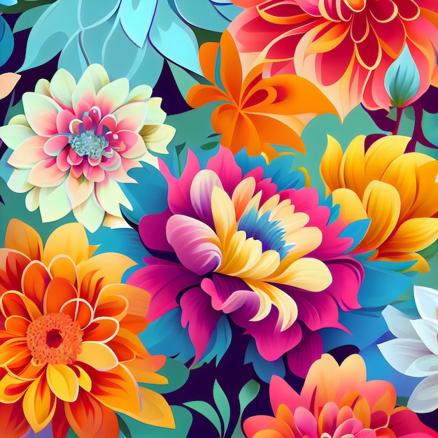 Een kleurrijk bloemenpatroon met bloemen op een donkere achtergrond.