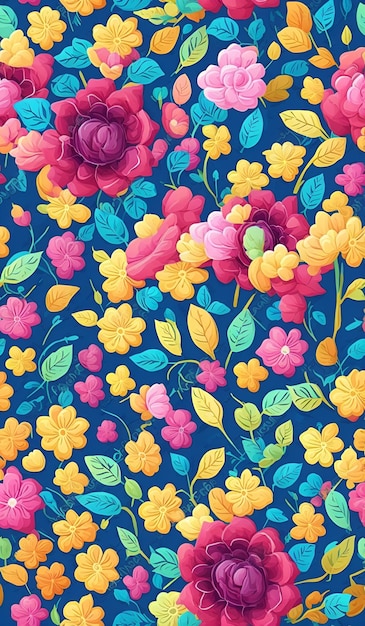 Een kleurrijk bloemenpatroon met een blauwe achtergrond.